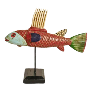 Vintage Mid 20th Century Mali Wood Bozo Fish Puppet on Stand