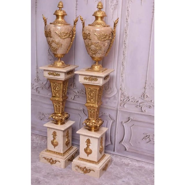 Pair of Large Neoclassical Beige Marble and Ormolu Bronze Urn Amphorae With Matching Pedestals For Sale In Dallas - Image 6 of 16