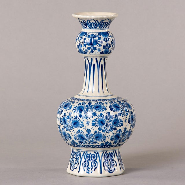 19th Century Dutch Delft Blue and White Garlic Neck Vase For Sale - Image 4 of 11