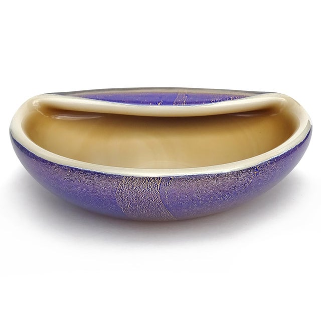 Beautiful vintage Murano hand blown sapphire blue over light taupe / tan, and gold flecks, Italian art glass decorative...