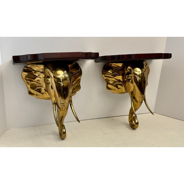 Wood Mid 20th Century Pair Hollywood Regency Style Elephant Head Motif Brass Wall Brackets For Sale - Image 7 of 14