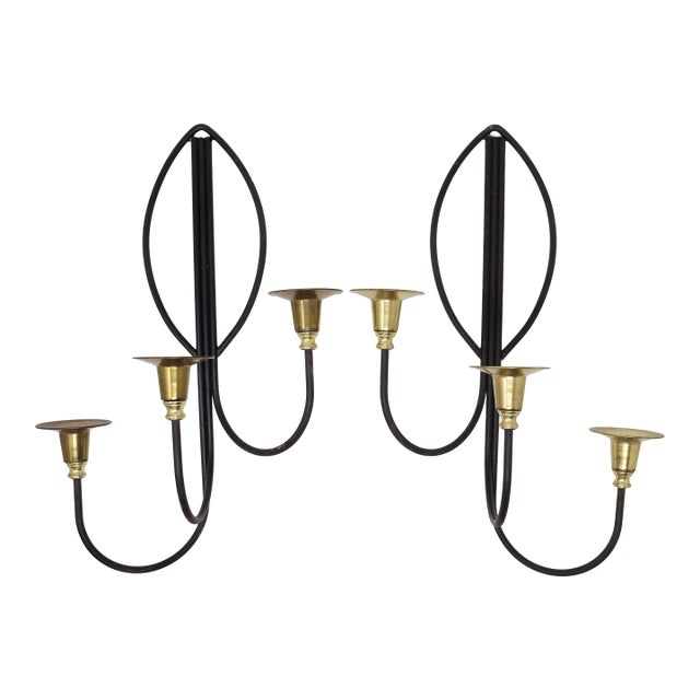 Vintage Tommi Parzinger Style Iron and Brass Wall Candle Sconces - A Pair For Sale