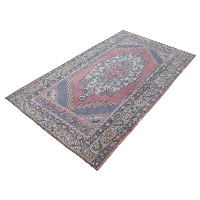 Distressed Area Rug Hand Knotted Colorful Low Pile Oushak Rug - 4' X 6'7'' For Sale - Image 6 of 11