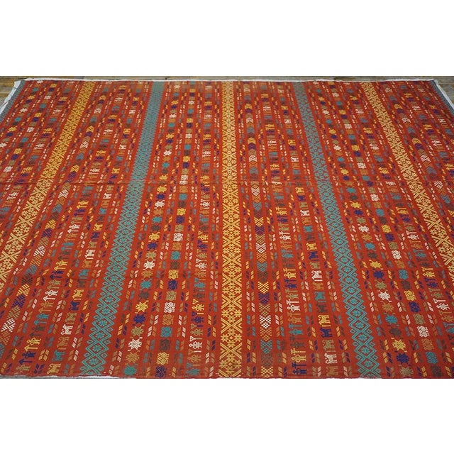 Mid-Century Modern Outstanding Red Background Color With Yellow-Blue Stripe Geometric Design Antique European Swedish Flat-Weave For Sale - Image 3 of 13