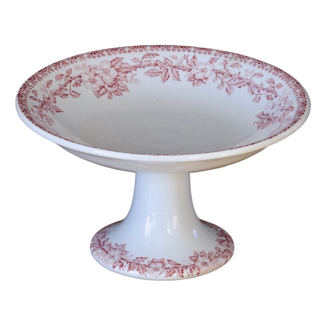 Antique French Pink Ironstone Compote Dish with Floral Decoration For Sale