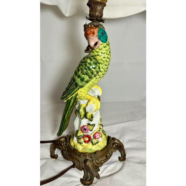 20th Century French Louis XV Style Porcelain Parrot With Gilt Bronze Rococo Mounted Table Lamp For Sale In San Diego - Image 6 of 12