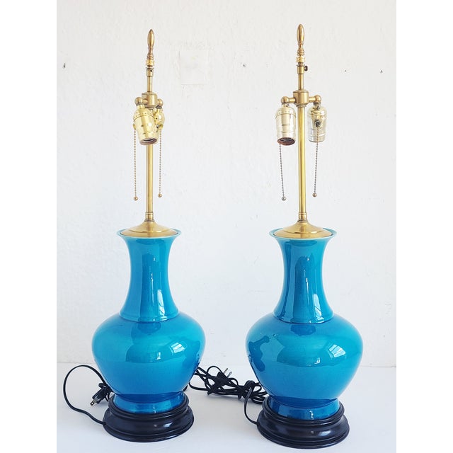 Mid-Century Modern Mid Century Modern Blue Cerulean Table Lamps-a Pair For Sale - Image 3 of 12