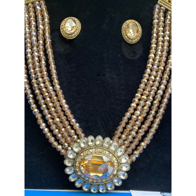 Art Deco Heidi Daus 5 Strand Amber & Clear Crystal Necklace & Earrings Set in Box For Sale - Image 3 of 3