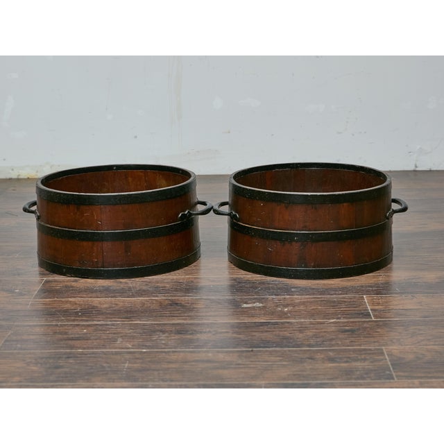 Pair of Antique English Bushel Measures with Iron Bands, Rustic Decor For Sale - Image 4 of 11