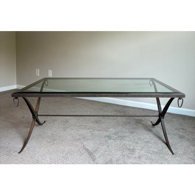 Hollywood Regency Late 20th Century Attributed to Barbara Barry for Baker Glass Top Coffee Table With Iron Base For Sale - Image 3 of 6