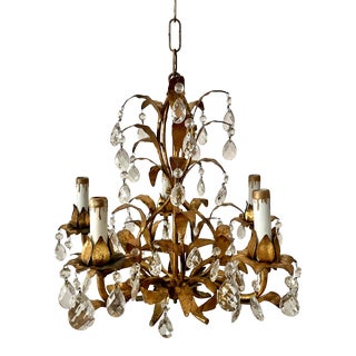Vintage Italian Gilt Gold Tole and Crystal 5-Arm Chandelier For Sale