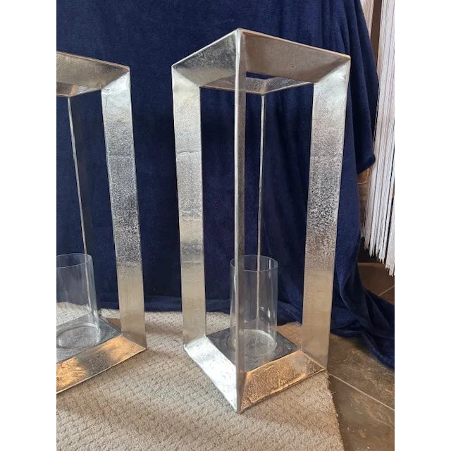 Modern Dovetail Azelea Silver-Tone Metal Lanterns- Set of 2 For Sale - Image 3 of 7