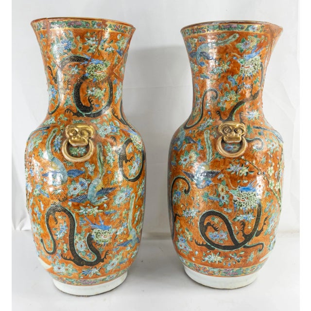 Late 19th Century 19th Century Pair of Chinese Export Straits Porcelain Vases in Orange, as Is Repaired For Sale - Image 5 of 12
