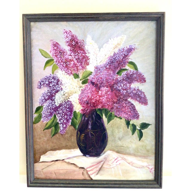 Vintage Original Oil Painting “Lilacs in Vase” in Wood Frame For Sale - Image 12 of 13