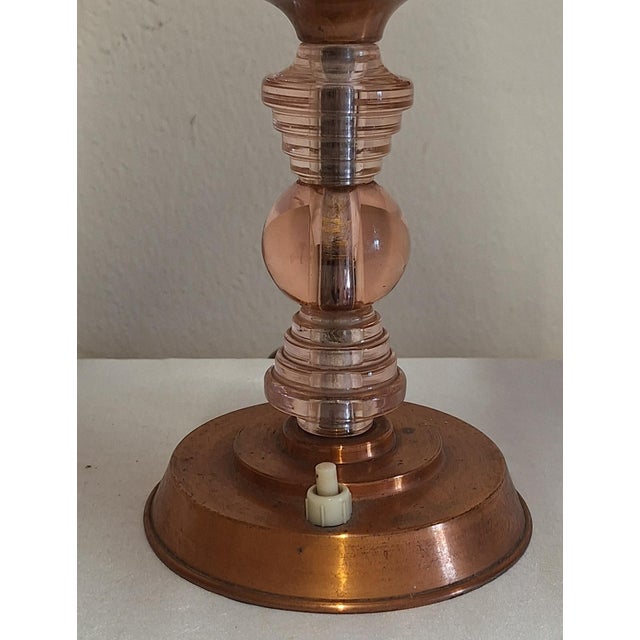 Metal French Art Deco Copper Table Lamp with Pink-Tinted Glass Base and Handmade Fabric Shade, 1930s For Sale - Image 7 of 10