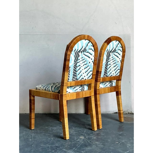 Late 20th Century Vintage Boho Bielecky Brothers Wrapped Rattan Dining Chairs in Alan Campbell “Ferns” - A Pair For Sale - Image 5 of 8