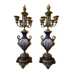 Antique Sevres Style Museum Jeweled Candleabra- a Pair