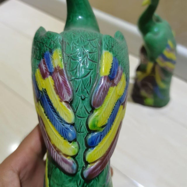 Ceramic Pair of Sancai Glazed Porcelain Peacocks – 10.2" Vintage Bird Figures For Sale - Image 7 of 9