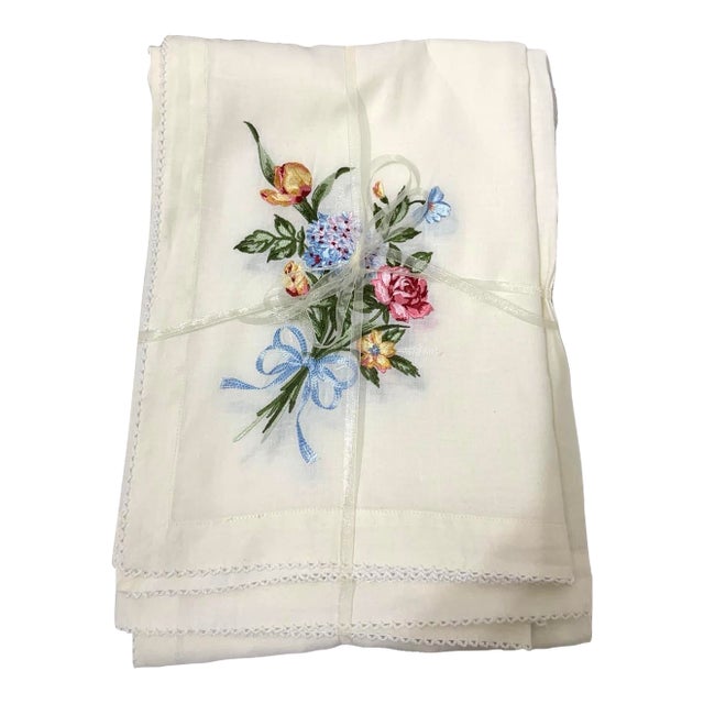 Vintage Off White Floral Embroidered Ramy Cotton Rectangular Tablecloth and Picot Edging For Sale