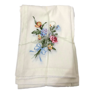 Vintage Off White Floral Embroidered Ramy Cotton Rectangular Tablecloth and Picot Edging