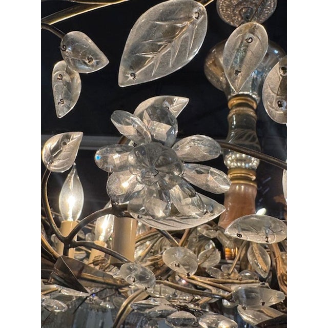 French Maison Bagues Gilt Tole and Crystal Flower Chandelier For Sale - Image 4 of 8