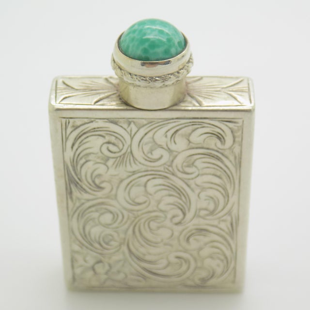 Vintage Italian Silver 800 Chiseled Perfume Bottle with Turquoise Stone Cap, 1970s For Sale - Image 4 of 14