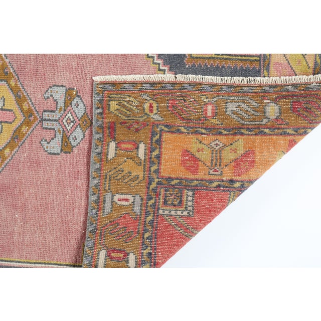 Vintage Anatolian Geometric Medallion Rug - Handwoven Turkish Pink & Mustard Vintage Rug -3' X 6' For Sale - Image 9 of 11