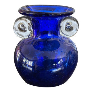 Vintage Orecchio Cobalt Blue Handblown Vase With Clear Handles For Sale