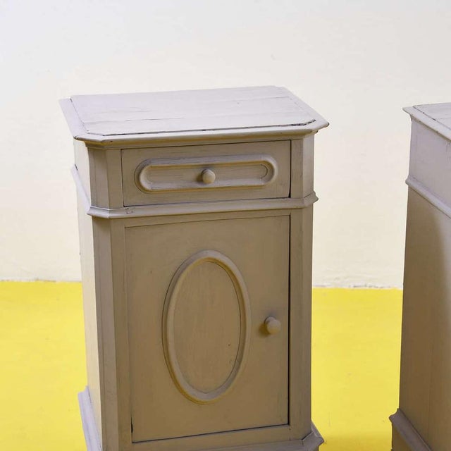 Pair of 1930s dove grey bedside tables Height: 79.5 Width: 44 Depth: 33.5 Style: VINTAGE Production Period: 1930 - 1939...