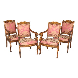 Rare Set of 4 Dutch Marquetry Inlaid Walnut and Tulipwood Armchairs in Damask For Sale