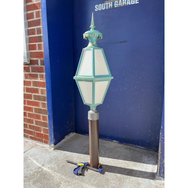 Gothic Gothic Architectural Post Lantern in Tiffany Blue Gilt Faux Verdigris Finish For Sale - Image 3 of 13