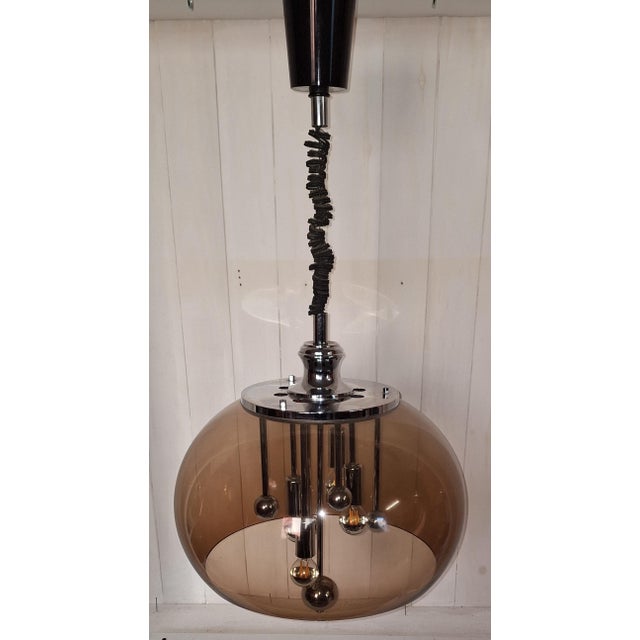 Height-Adjustable Space Age Pendant Lamp with Tinted Acrylic Shade and Chrome-Plated Metal Frame, 1970s For Sale - Image 4 of 8