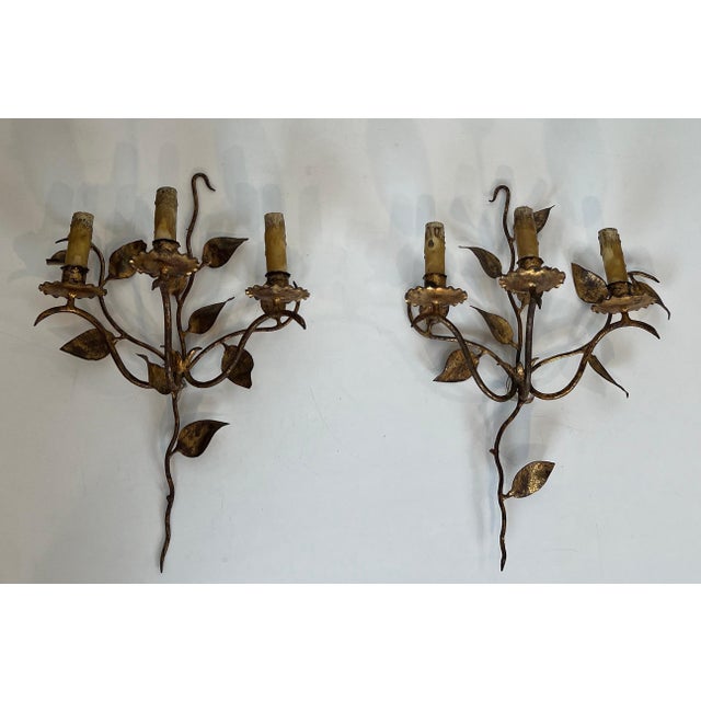 Mid-Century Modern 1970s 3-light wall sconces in gilded metal with leaves. French work - a Pair For Sale - Image 3 of 12