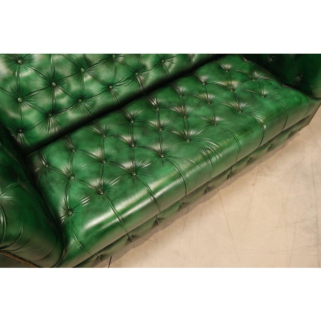 Chesterfield Style Green Leather Sofa For Sale - Image 9 of 16