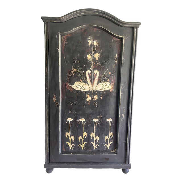 Vintage Painted Pine Wardrobe with Folk Art Design, 1920s For Sale