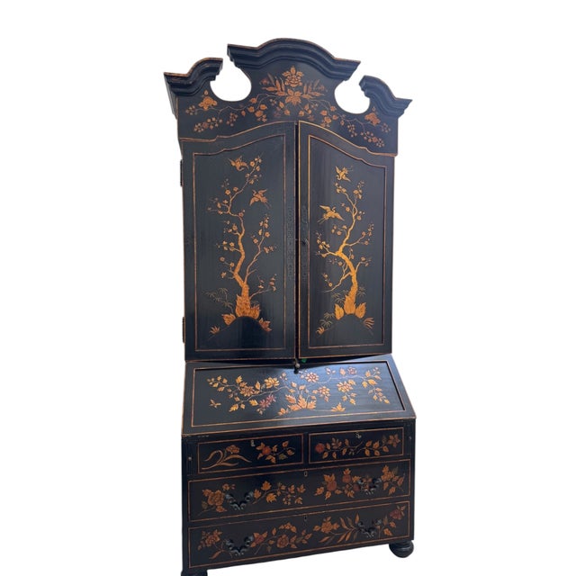 Wood George I Style Black & Gold Chinoiserie Secretary Desk With Red Interior For Sale - Image 7 of 8