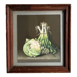 Antique 19th Century American Oil Painting on Board Still Life of Vegetables - Leeks and Cauliflower
