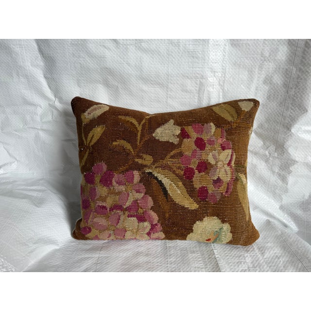 An elegant antique French Aubusson tapestry pillow handcrafted from a genuine mid-19th century tapestry fragment,...