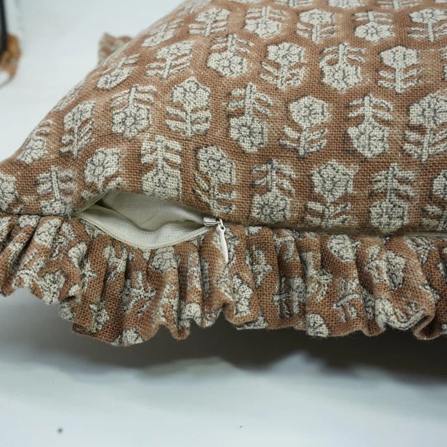 Fabdivine Decorative Block Print Frill Cushion Cover Brown 24x24 Inch Thick Linen- Tulsi Buti For Sale - Image 4 of 5