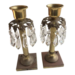Vintage Brass Pillar Candle Holders W/ Crystal Prisms S-2