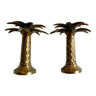 Regency Brass Palm Tree Candleholders- a Pair For Sale