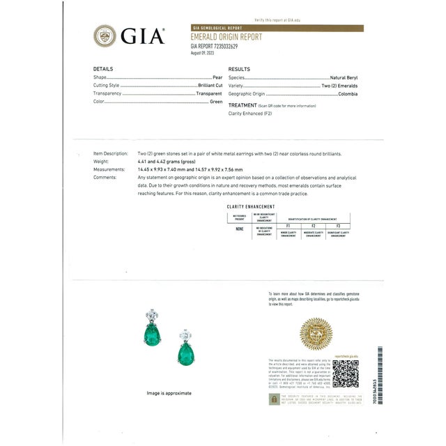 GIA Certified 11 Ct Pear Cut COLOMBIAN Emerald & 1 Ct Each Diamond Drop Earrings For Sale - Image 18 of 18