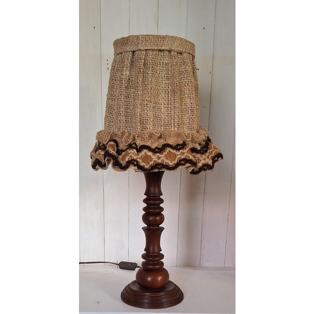 Vintage Table Lamp with Chestnut Wood Base and Wool Shade, 1970s, in Very Good conditions. Designed 1970 to 1979 European...