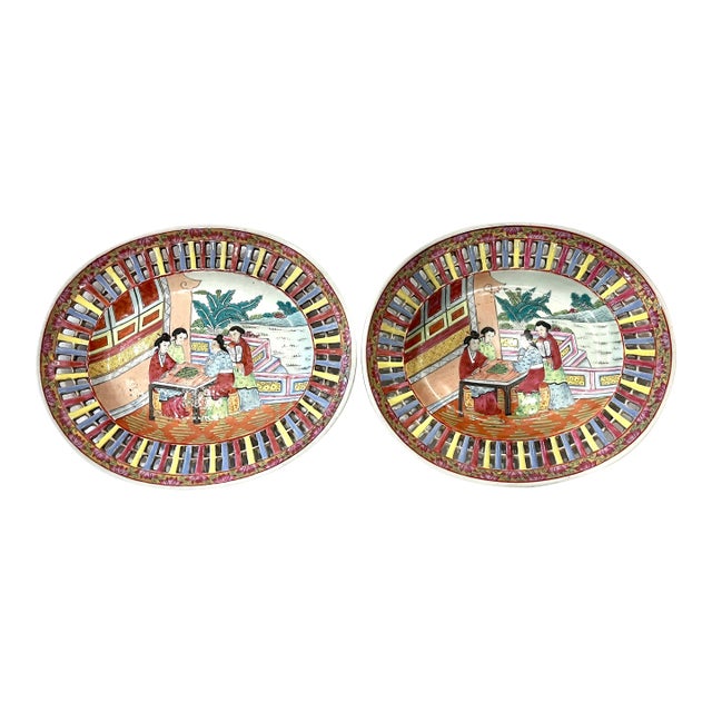 Mid 20th Century Chinese Export Famille Rose Reticulated Oval Plates - A Pair For Sale