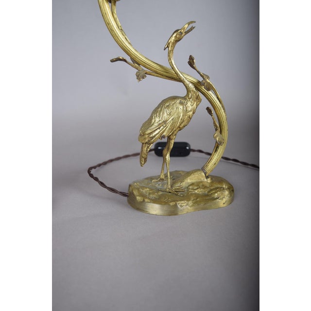 Art Deco Gilt Bronze Sculpted Crane Table Lamps with Branch and Leaf Stems, Europe, 1930s, Set of 2 For Sale - Image 10 of 17