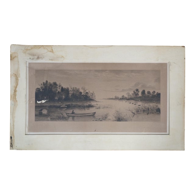 Antique c.a. Walker Evening Duck Hunt in the Canoe Panoramic Etching 33" For Sale