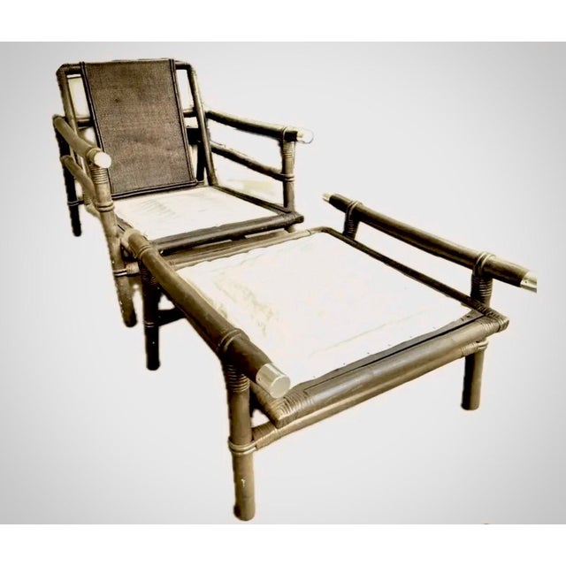 1950s Ficks Reed Rattan Campaign Style Far Horizons Lounge Chair & Ottoman by John Wisner For Sale - Image 12 of 12