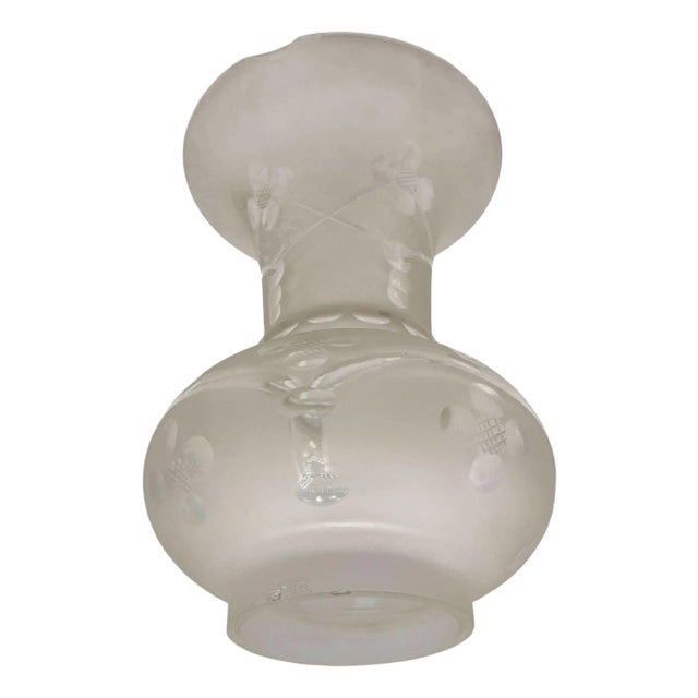 Early 20th Century Victorian Wheel Cut Frosted Glass Floral Oil Lamp Fluted Hurricane Shade Chipped For Sale