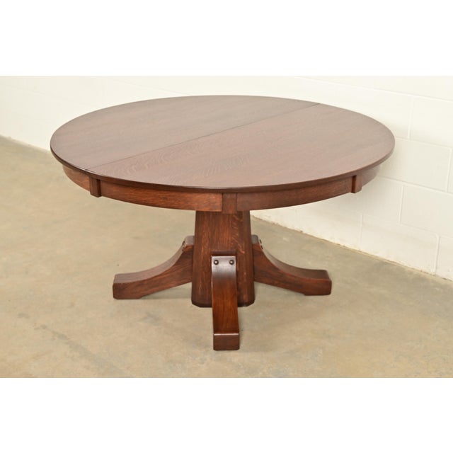 Mission Stickley Brothers Antique Mission Oak Arts & Crafts Pedestal Extension Dining Table, Newly Refinished For Sale - Image 3 of 13