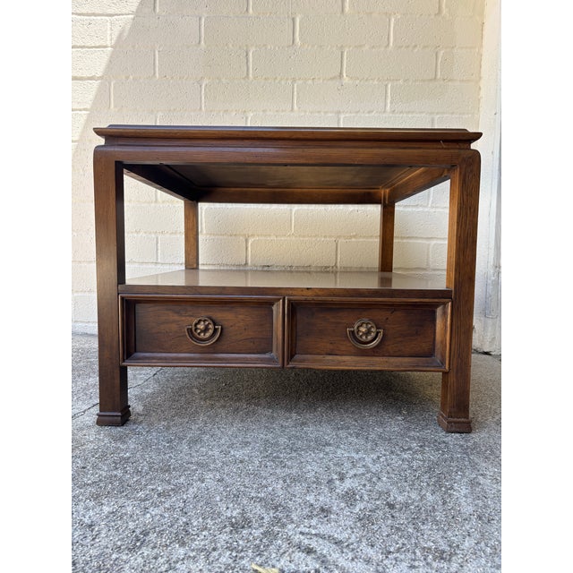 Hekman Furniture 1960s Hekman Walnut End Table With Parquet Patterned Top and Two Lower Drawers and Brass Hardware For Sale - Image 4 of 7